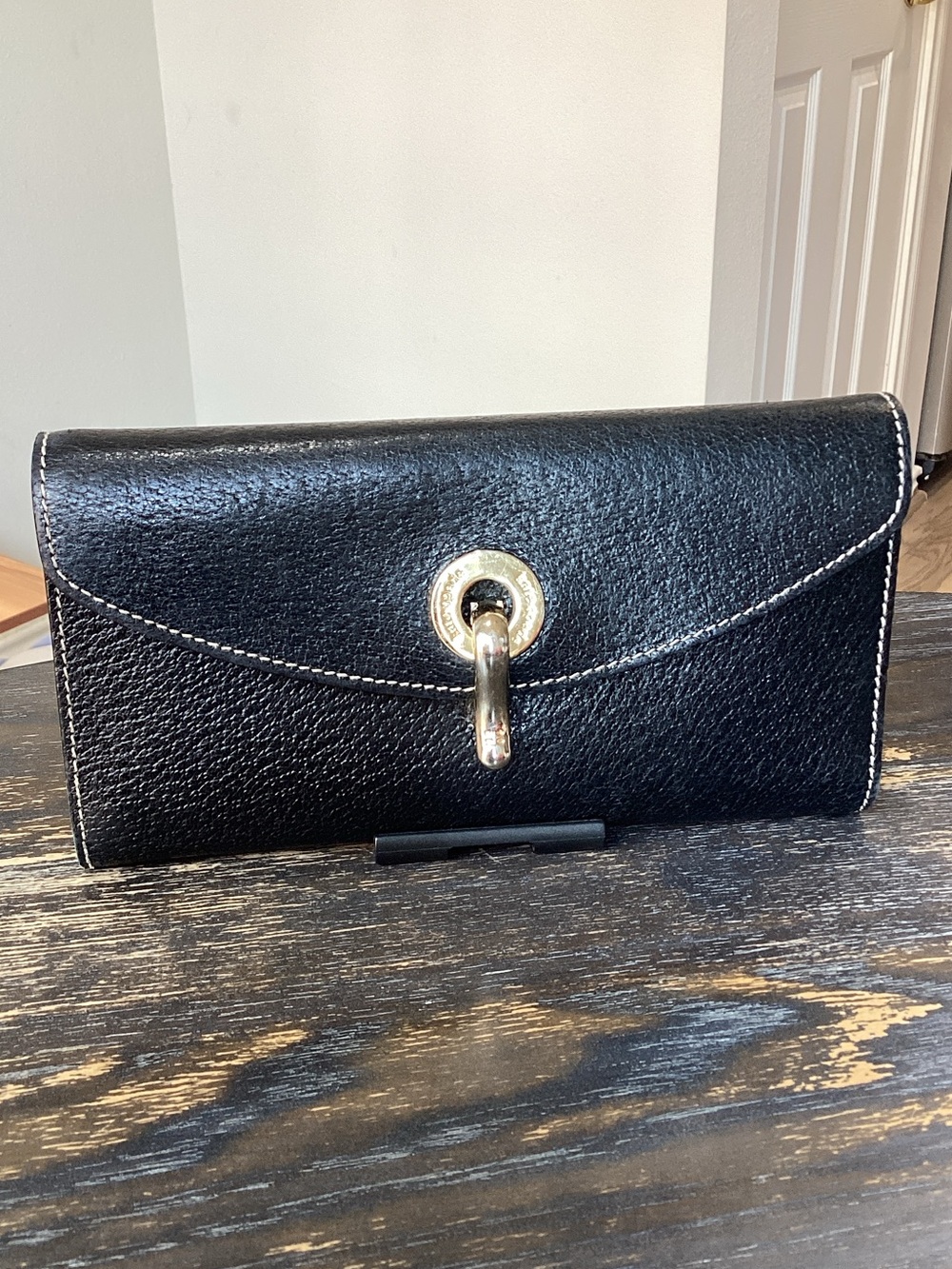 kate spade Black Leather Wallet Clutch with Contrast Stitching